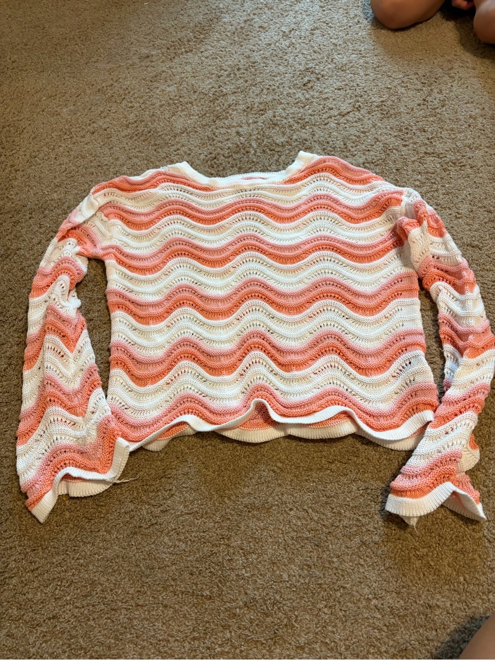 SHEIN Pink and White Crochet Wave Knit Sweater